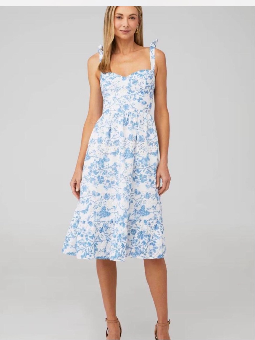 Cottagecore Blue & White Floral Tie Strap Tiered Midi Eyelet Sundress, like new